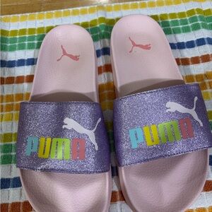 Puma Kids Pink Slides with Glitter Purple Strap and Multicolor Logo